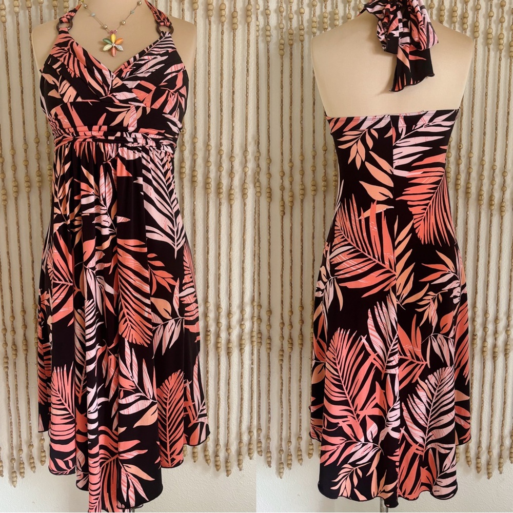 Y2K Vin Hawaiian Pink Brown Halter Babydoll Island Girl Flowy Boho Summer Dress